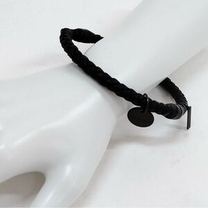 Authentic Bottega Veneta Black Braided Leather Bracelet with Black Metal Tag